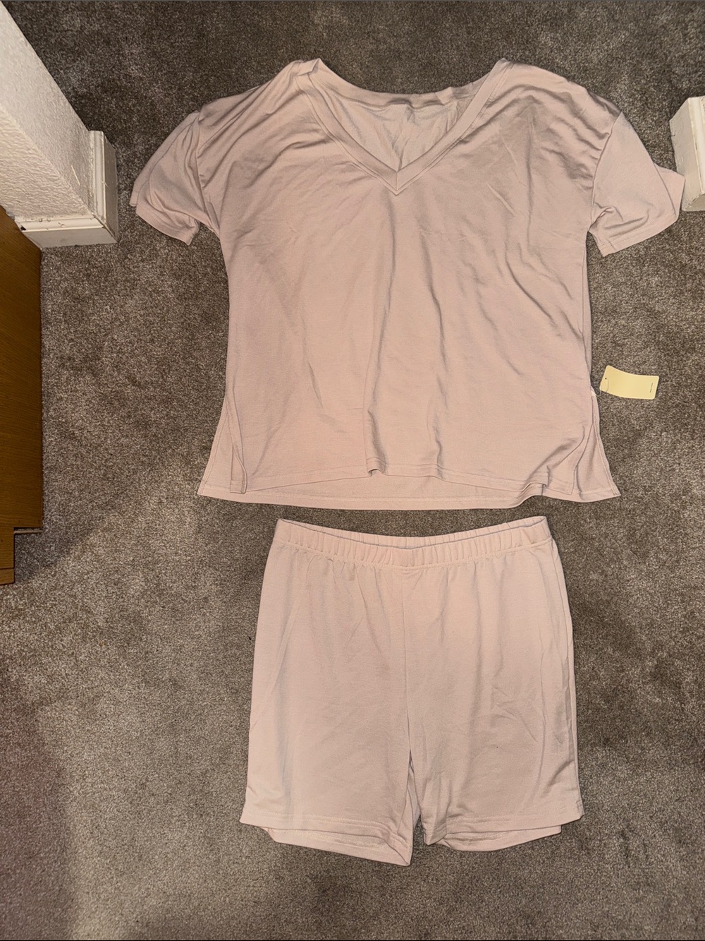 Women's V-Neck Short Sleeve Two Piece Set - Light Tan/Nude